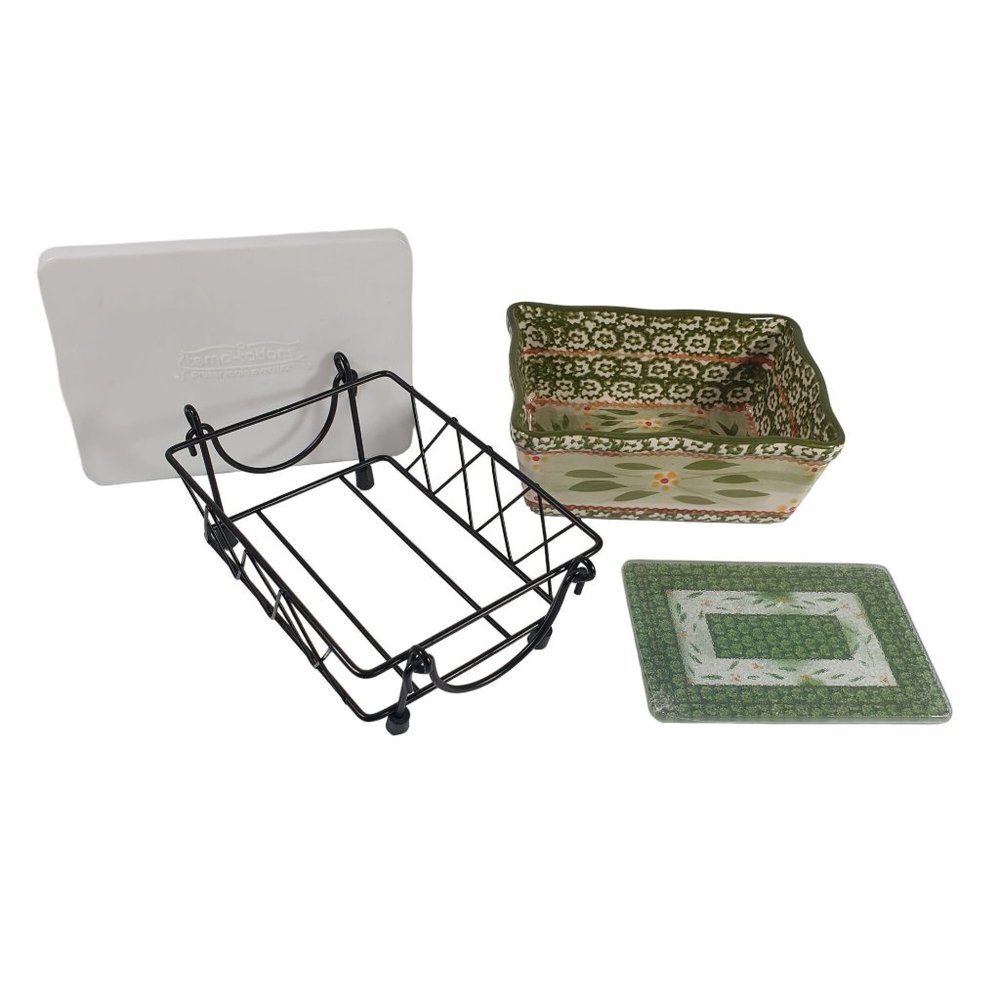 Temp Tations 1 Quart Old World Green Baking Dish Glass Plate Stand Cover